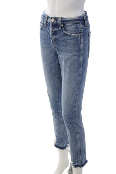 Amo Women Ankle Cropped Straight Blue 100% Cotton Mid Rise Jeans Size 24