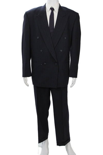 Pierre Balmain Mens 2 Piece Striped Dark Blue Wool Suit Collared Button Size 46