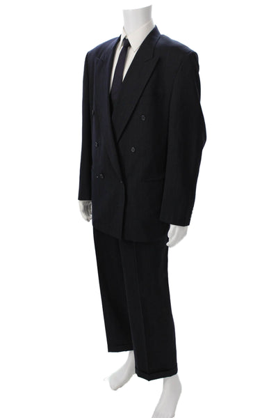Pierre Balmain Mens 2 Piece Striped Dark Blue Wool Suit Collared Button Size 46