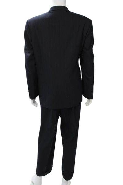 Pierre Balmain Mens 2 Piece Striped Dark Blue Wool Suit Collared Button Size 46