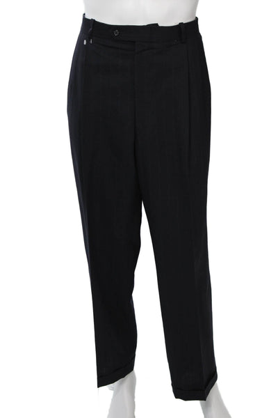 Pierre Balmain Mens 2 Piece Striped Dark Blue Wool Suit Collared Button Size 46