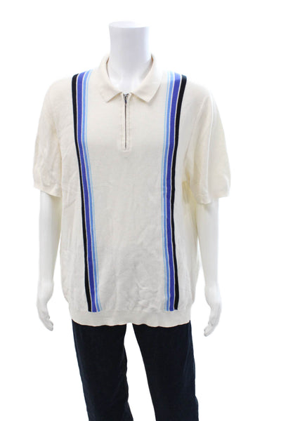 Paul Fredrick Mens Striped Half Zip Collar Short Sleeve Polo Shirt White Sz XXL