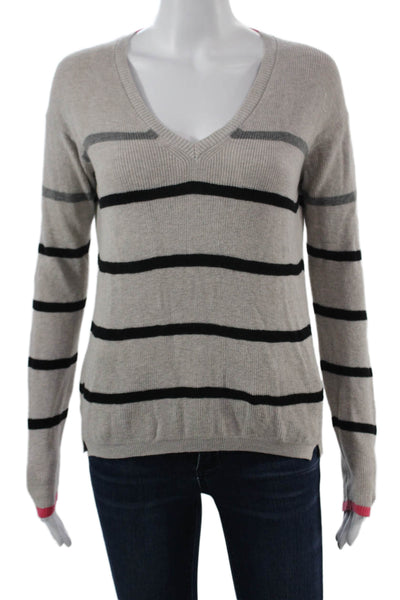 L T Unisex Beige Striped V-Neck Pullover 95% Cotton 5% Cashmere Size XS