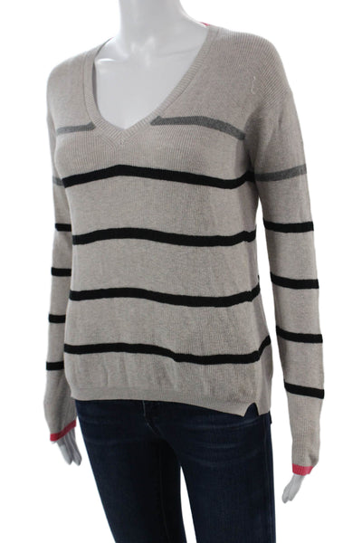 L T Unisex Beige Striped V-Neck Pullover 95% Cotton 5% Cashmere Size XS