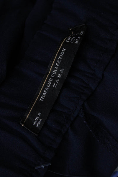 Zara Womens Cropped Paperbag Pants Dark Blue Polyester Drawstring Size S