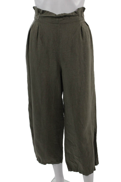 Zara Women Cropped Paperbag Pants Green Linen Drawstring Size M