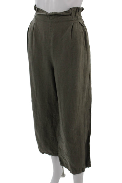 Zara Women Cropped Paperbag Pants Green Linen Drawstring Size M
