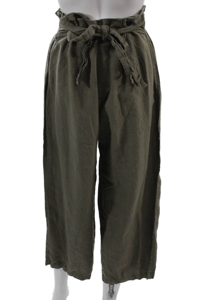 Zara Women Cropped Paperbag Pants Green Linen Drawstring Size M