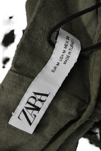 Zara Women Cropped Paperbag Pants Green Linen Drawstring Size M