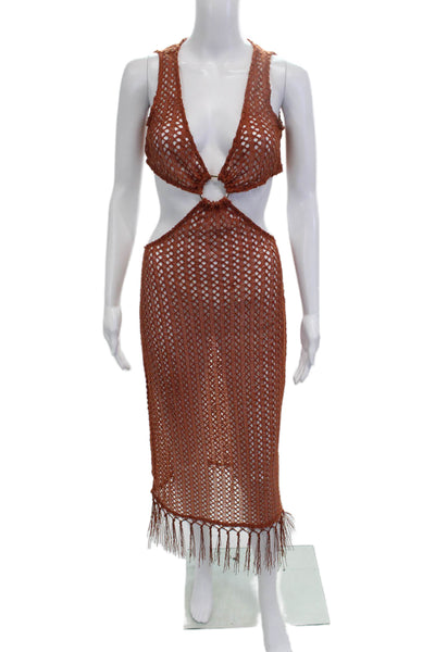 Camila Coelho Womens Brown V-Neck Sleeveless Mid-Calf Dress Hook & Eye Size M