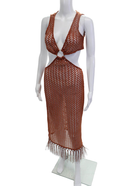 Camila Coelho Womens Brown V-Neck Sleeveless Mid-Calf Dress Hook & Eye Size M