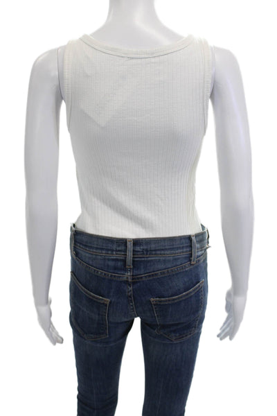 Zara Women White Sleeveless Bodysuit Round Neck Cotton Elastane Size M