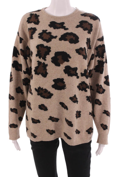 Belford Unisex Pullover Sweater 100% Cashmere Leopard Crew Neck Beige Size L