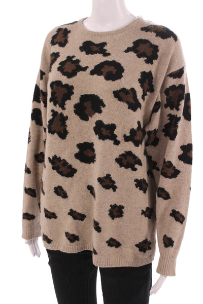 Belford Unisex Pullover Sweater 100% Cashmere Leopard Crew Neck Beige Size L