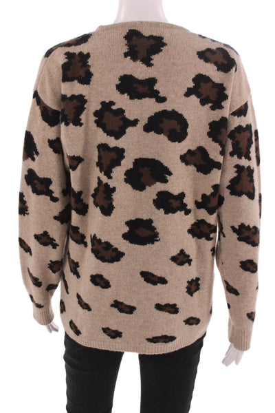 Belford Unisex Pullover Sweater 100% Cashmere Leopard Crew Neck Beige Size L