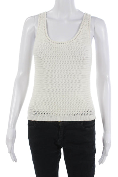 Aqua Women Basic White Tank Top Round Neck Cotton Acrylic Beach Size S