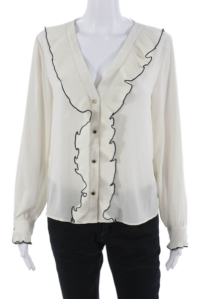 Zara Womens White V Neck Button Up Blouse Long Sleeve Polyester Size S