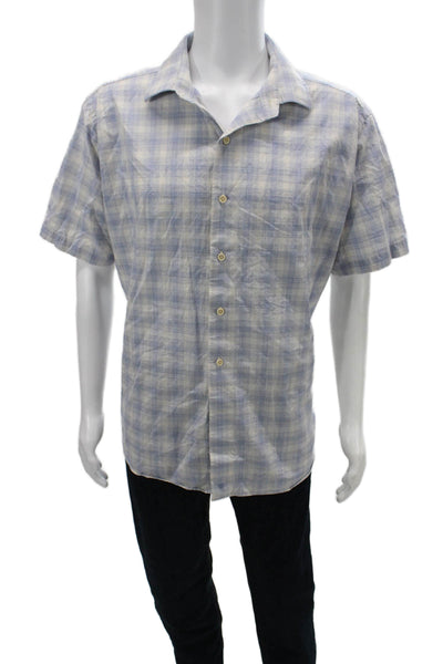 David Donahue Mens Button Front Collared Plaid Shirt Blue White Size Extra Large