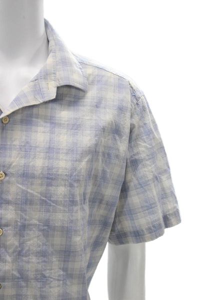 David Donahue Mens Button Front Collared Plaid Shirt Blue White Size Extra Large