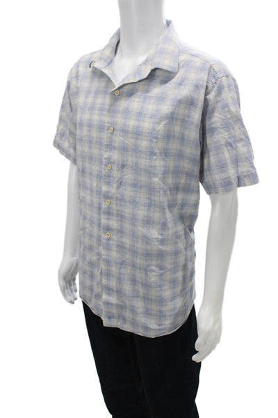 David Donahue Mens Button Front Collared Plaid Shirt Blue White Size Extra Large