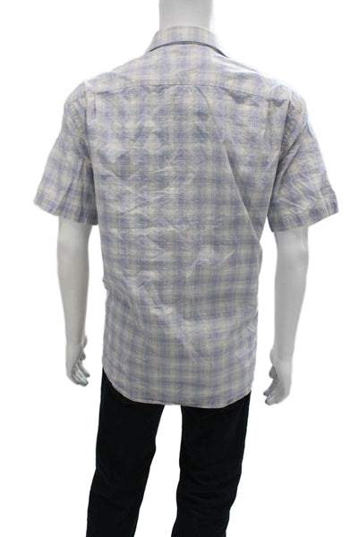 David Donahue Mens Button Front Collared Plaid Shirt Blue White Size Extra Large