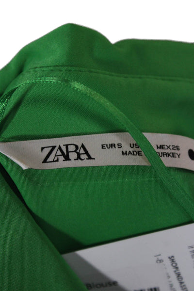 Zara Womens Basic Green Button Up Blouse Collared Short Sleeve Size S