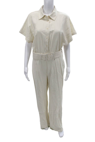 MNG Womens Beige Collared Short Sleeve Jumpsuit Knee Length Size M