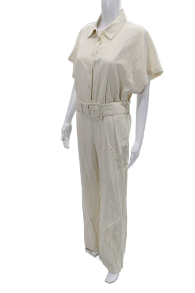 MNG Womens Beige Collared Short Sleeve Jumpsuit Knee Length Size M