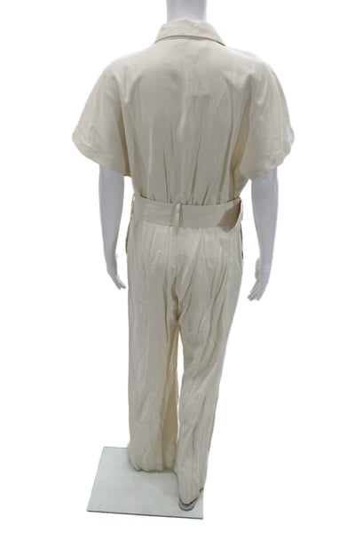 MNG Womens Beige Collared Short Sleeve Jumpsuit Knee Length Size M