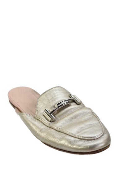 Tods Women's Leather Round Toe Embellish Flat Mules Sandals Gold Size 7