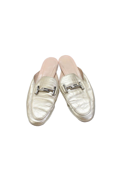 Tods Women's Leather Round Toe Embellish Flat Mules Sandals Gold Size 7