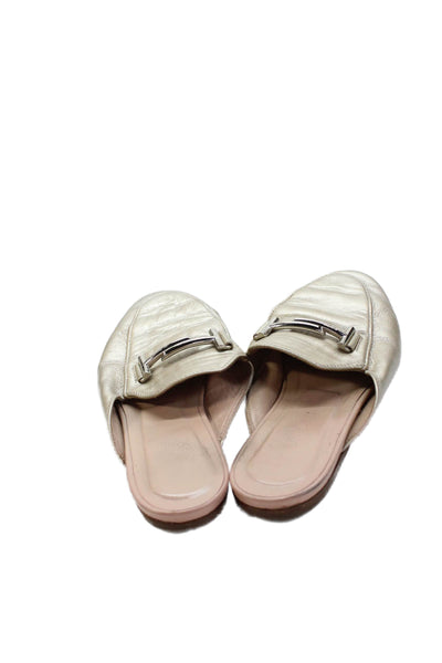 Tods Women's Leather Round Toe Embellish Flat Mules Sandals Gold Size 7