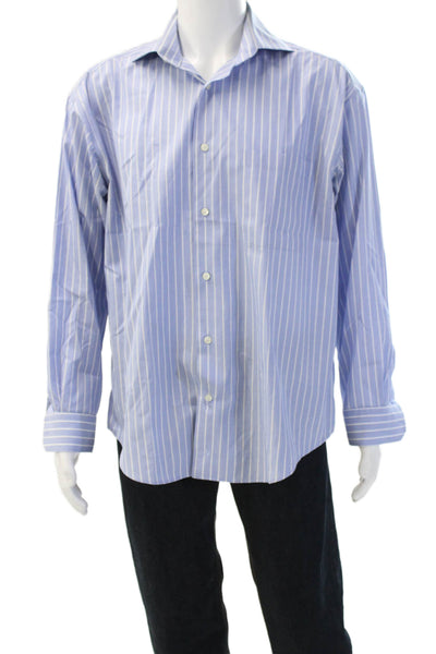 Johnston & Murphy Mens Light Blue Striped Cotton Point Dress Shirt Size L