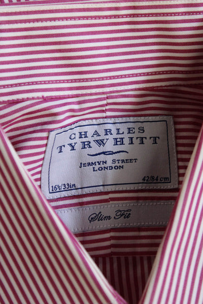 Charles Tyrwhitt Men Striped Pink Point Collar Dress Shirt Cotton Size 16.5