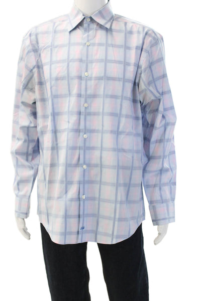 Johnston & Murphy Mens Point Collar Light Blue Check Dress Shirt Size L
