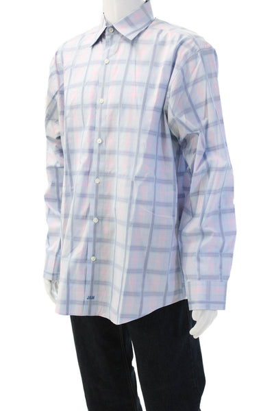 Johnston & Murphy Mens Point Collar Light Blue Check Dress Shirt Size L