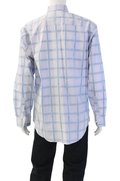 Johnston & Murphy Mens Point Collar Light Blue Check Dress Shirt Size L