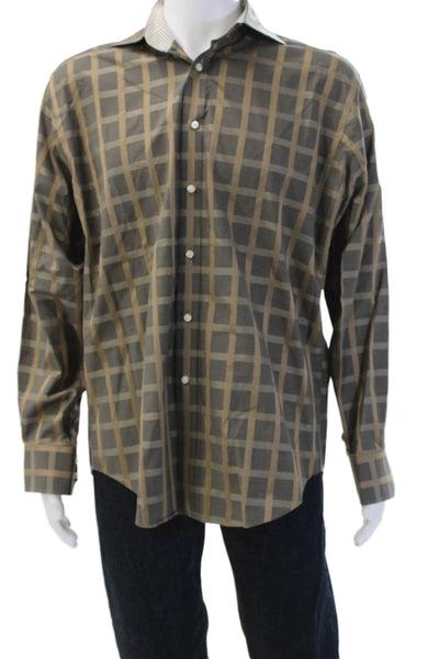 Johnston & Murphy Mens Brown Check Cotton Point Collar Button-Up Shirt Size L