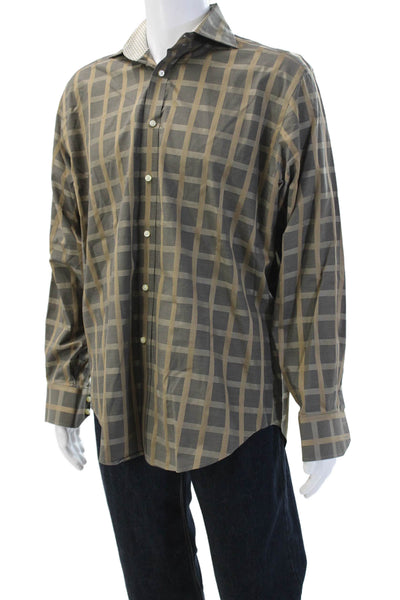 Johnston & Murphy Mens Brown Check Cotton Point Collar Button-Up Shirt Size L