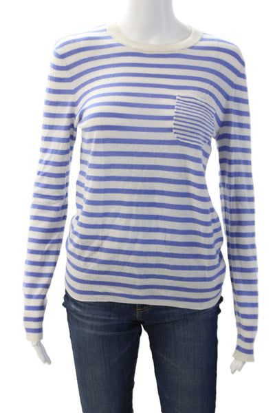 Equipment Femme Women Blue Striped Crewneck Wool Blend Sweater Size S