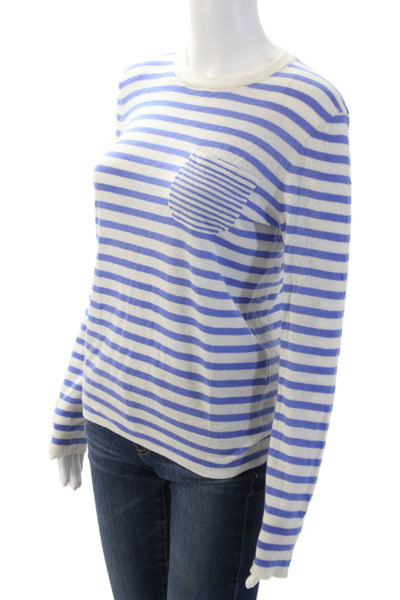 Equipment Femme Women Blue Striped Crewneck Wool Blend Sweater Size S