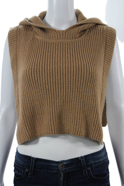 Zara Women Hooded Vest Sleeveless Brown Acrylic Wool Crew Neck Size S