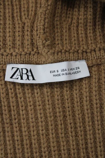 Zara Women Hooded Vest Sleeveless Brown Acrylic Wool Crew Neck Size S