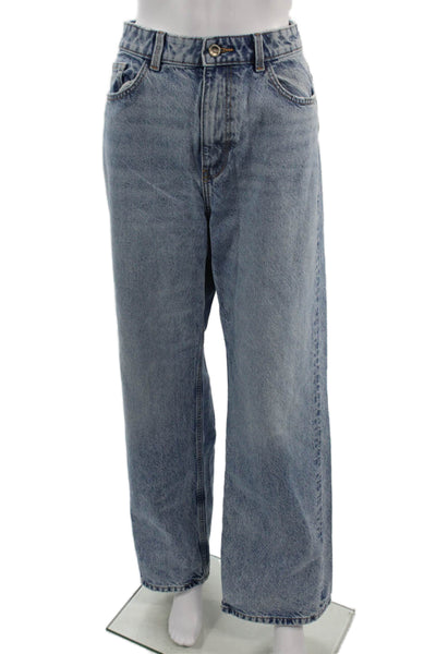 Zara Unisex Wide-Leg Jeans Blue High Rise 100% Cotton Button Size 10