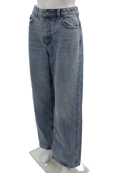 Zara Unisex Wide-Leg Jeans Blue High Rise 100% Cotton Button Size 10