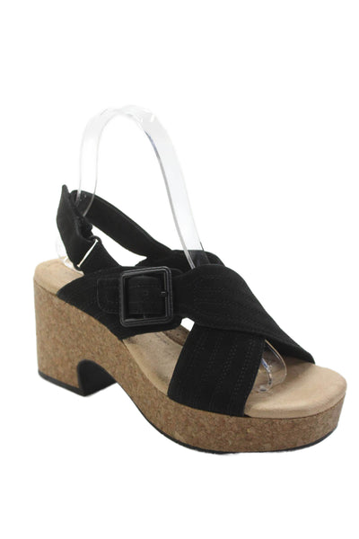 Clarks Women's Open Toe  Leather Cork Heel Slide Sandals Black Size 5.5