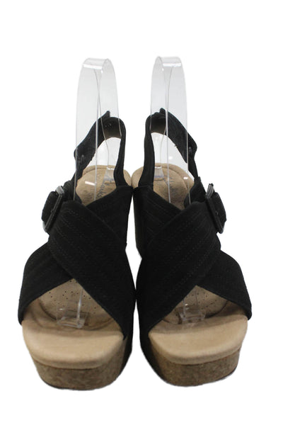 Clarks Women's Open Toe  Leather Cork Heel Slide Sandals Black Size 5.5