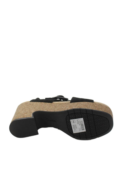 Clarks Women's Open Toe  Leather Cork Heel Slide Sandals Black Size 5.5