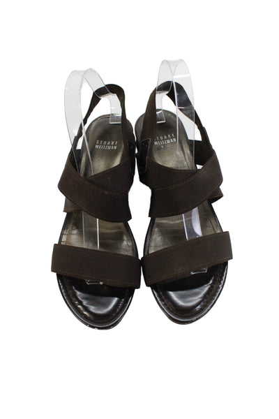 Stuart Weitzman Womens Elastic Strappy Low Wedge Heels Shoes Brown Size 9