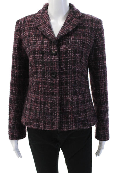 Bernard Zins Women Black Plaid Collared Blazer Button Long Sleeve Size 8